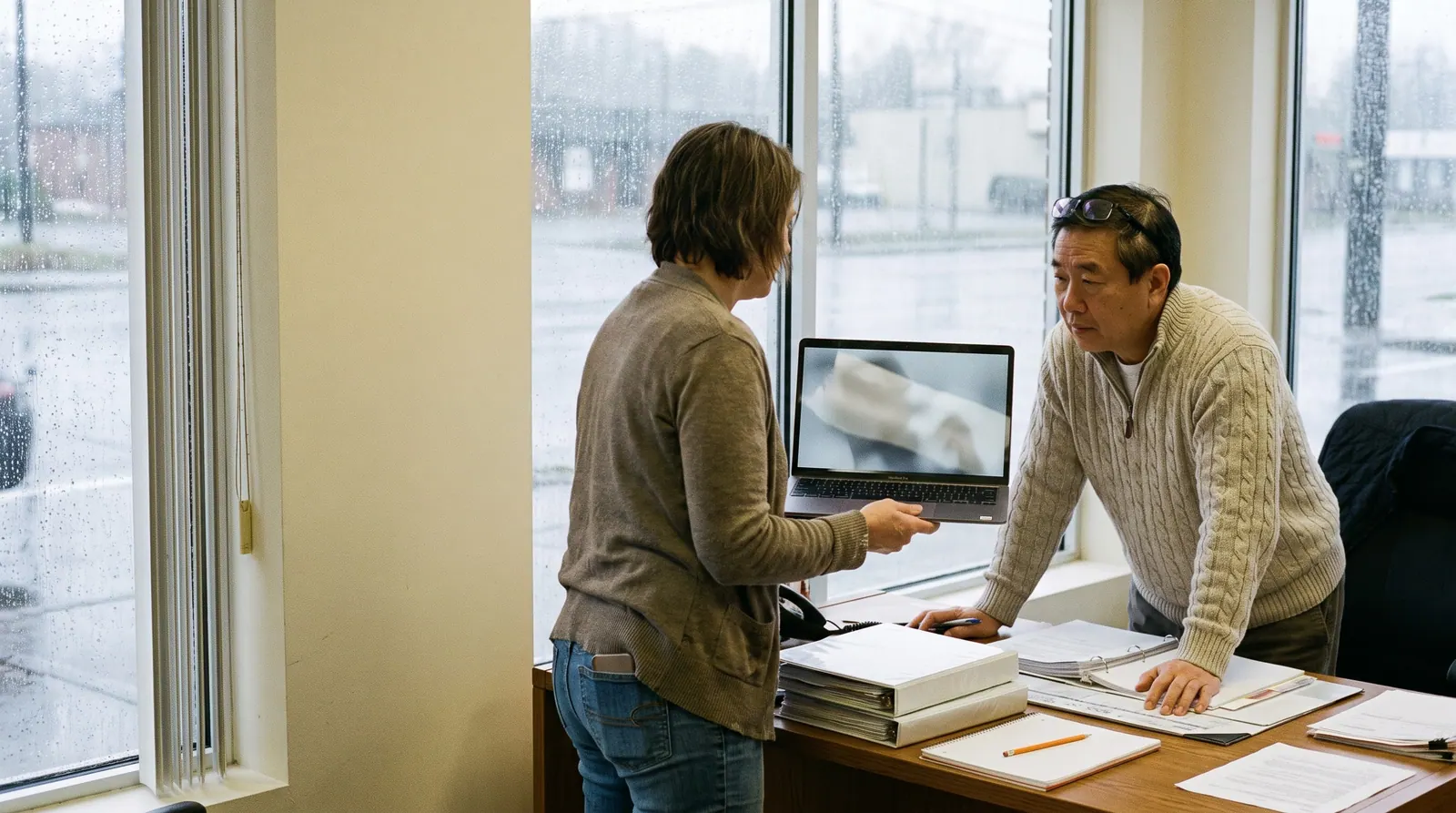 An agency owner shows a laptop to the principal of a small insurance agency in his office on a rainy afternoon