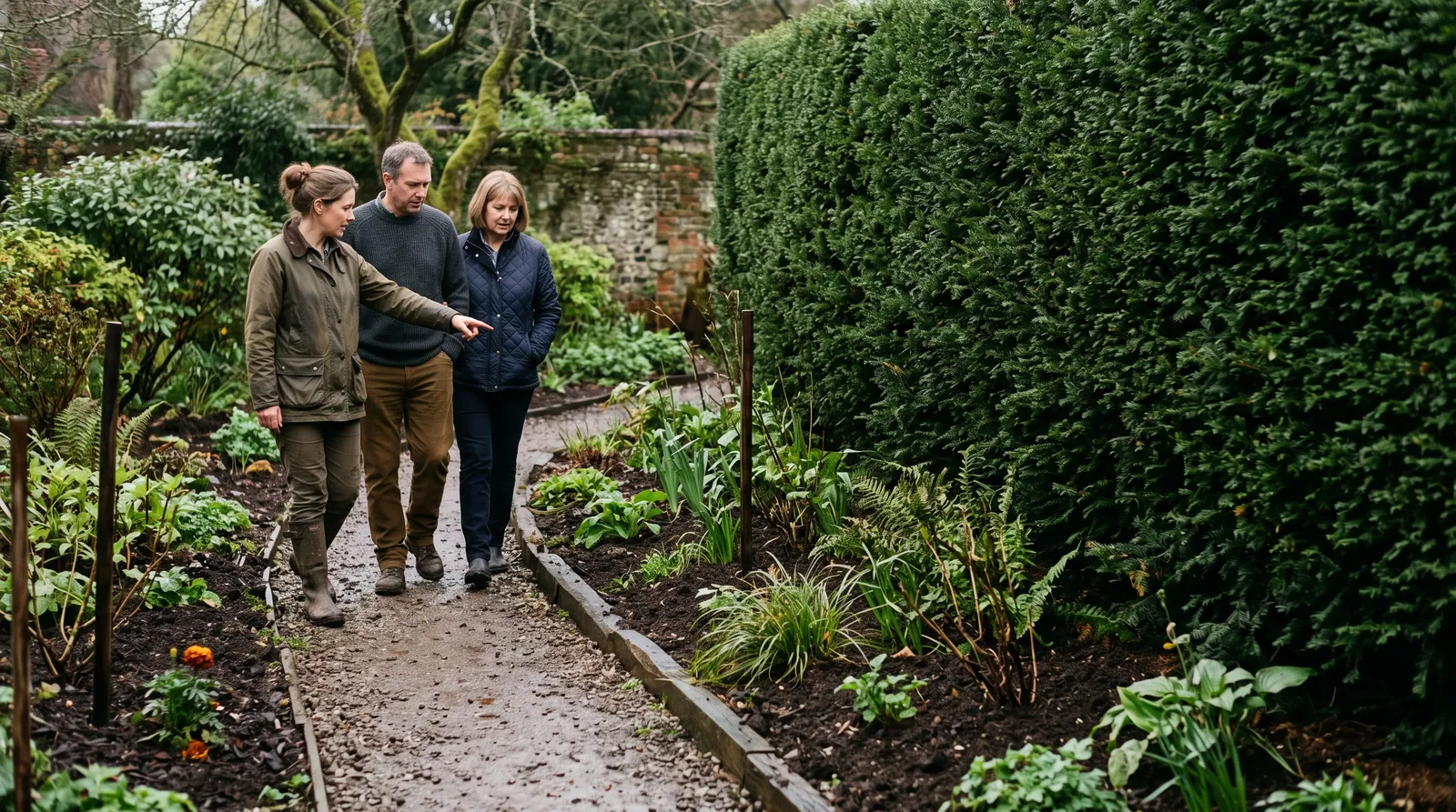 A garden designer in a waxed jacket walks a couple along a gravel path between new planting beds after rain