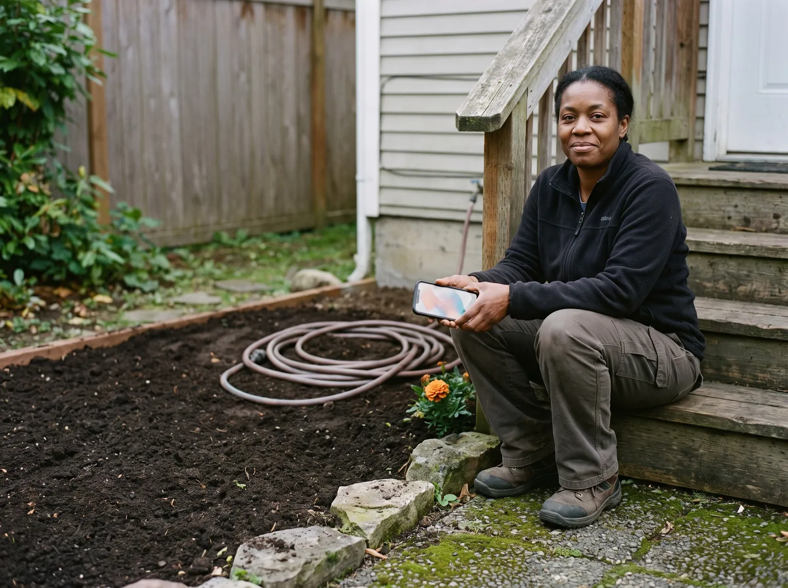 A woman in a fleece sits on the back steps of her house booking an estimate on her phone, a freshly edged garden bed in front of her
