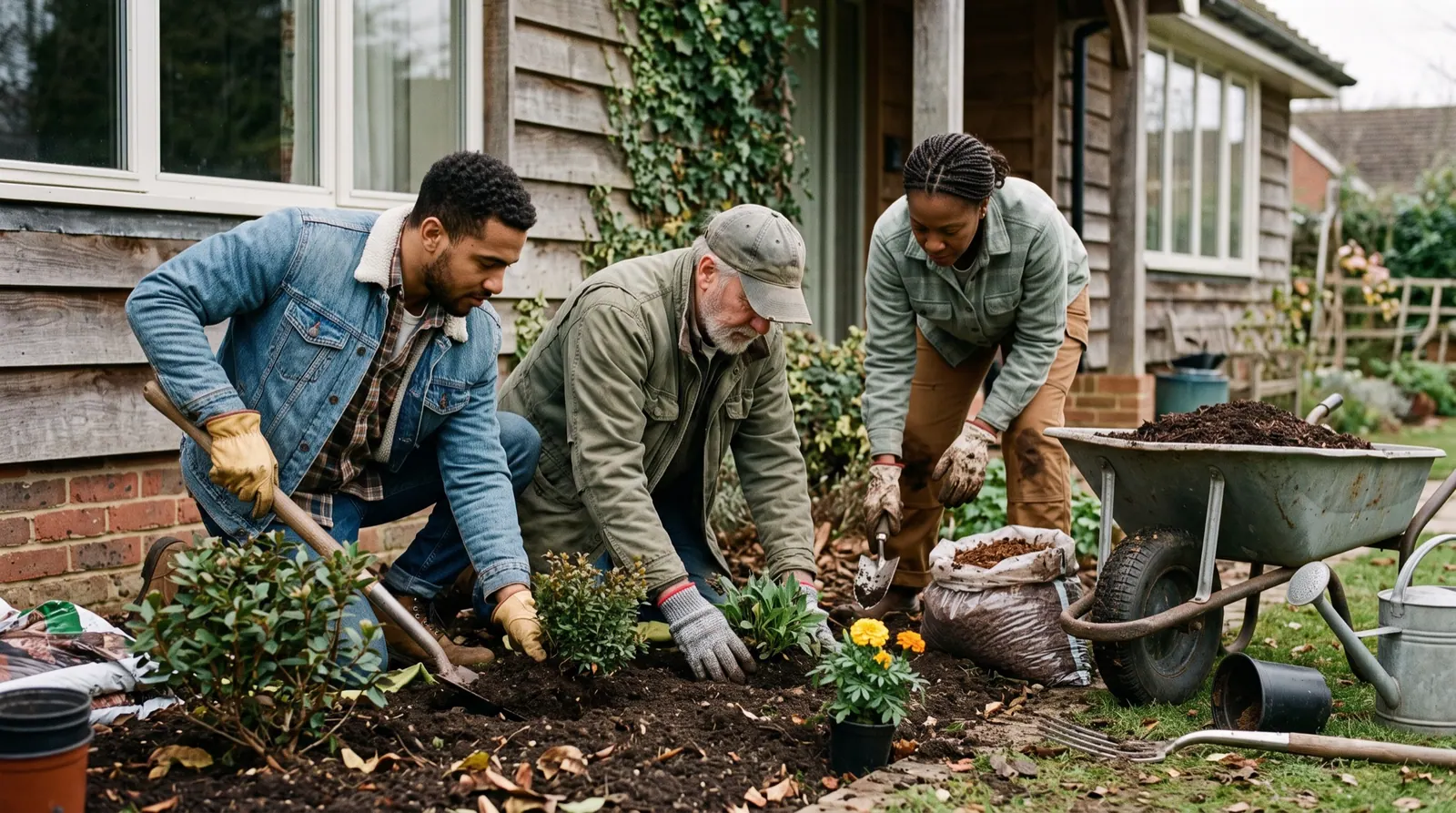 A crew of three kneel in a freshly dug bed along a house front, planting shrubs beside a wheelbarrow of mulch