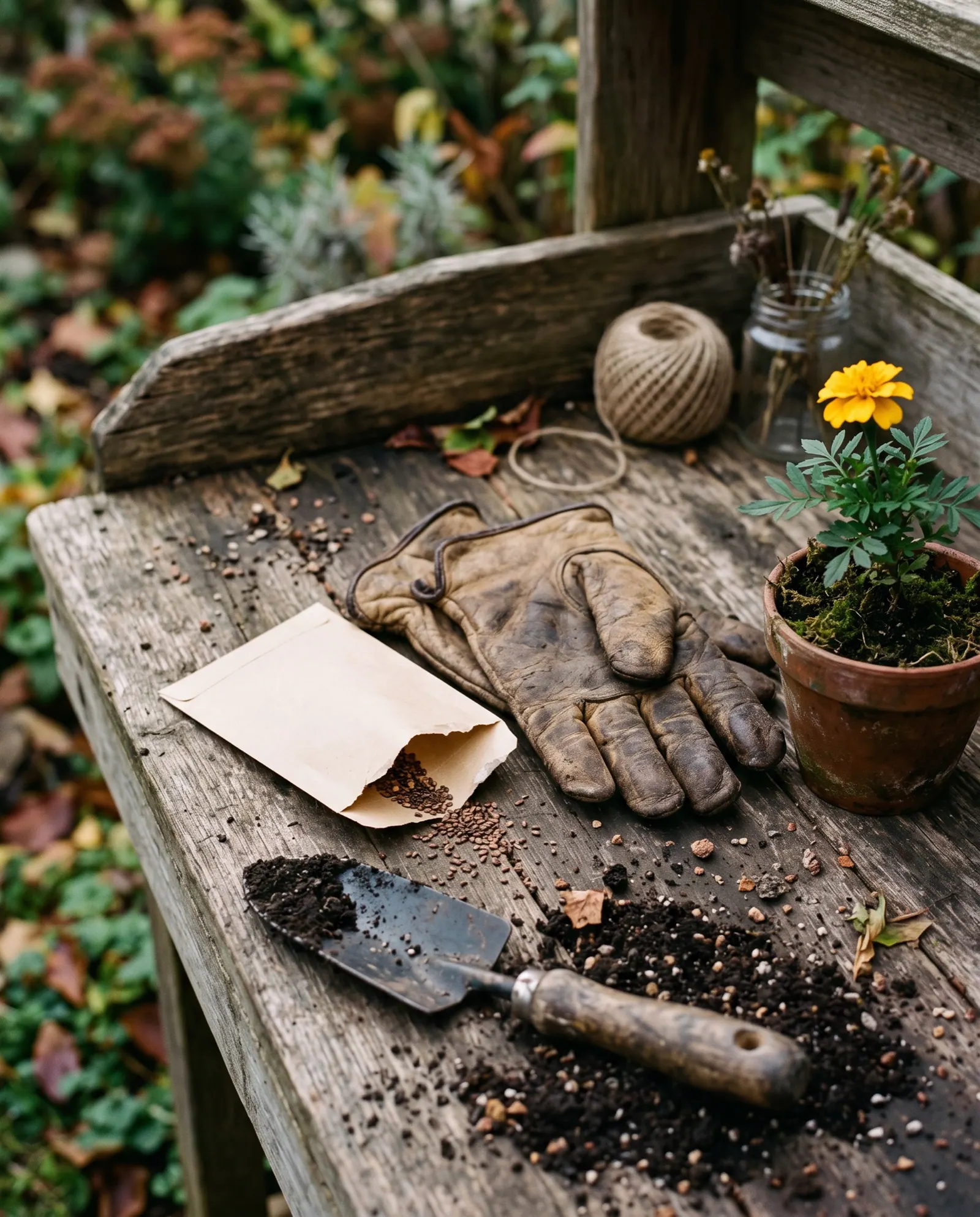 A plain kraft seed packet with its flap open, seeds spilled on a potting bench beside worn leather gloves and a trowel