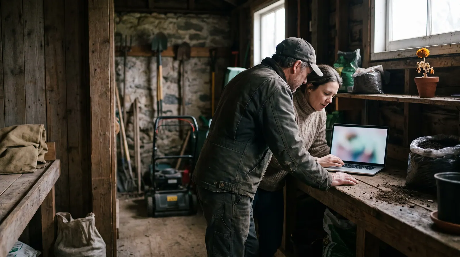 In winter, an agency owner shows a laptop to a landscaping company owner at a workbench in a quiet equipment shed