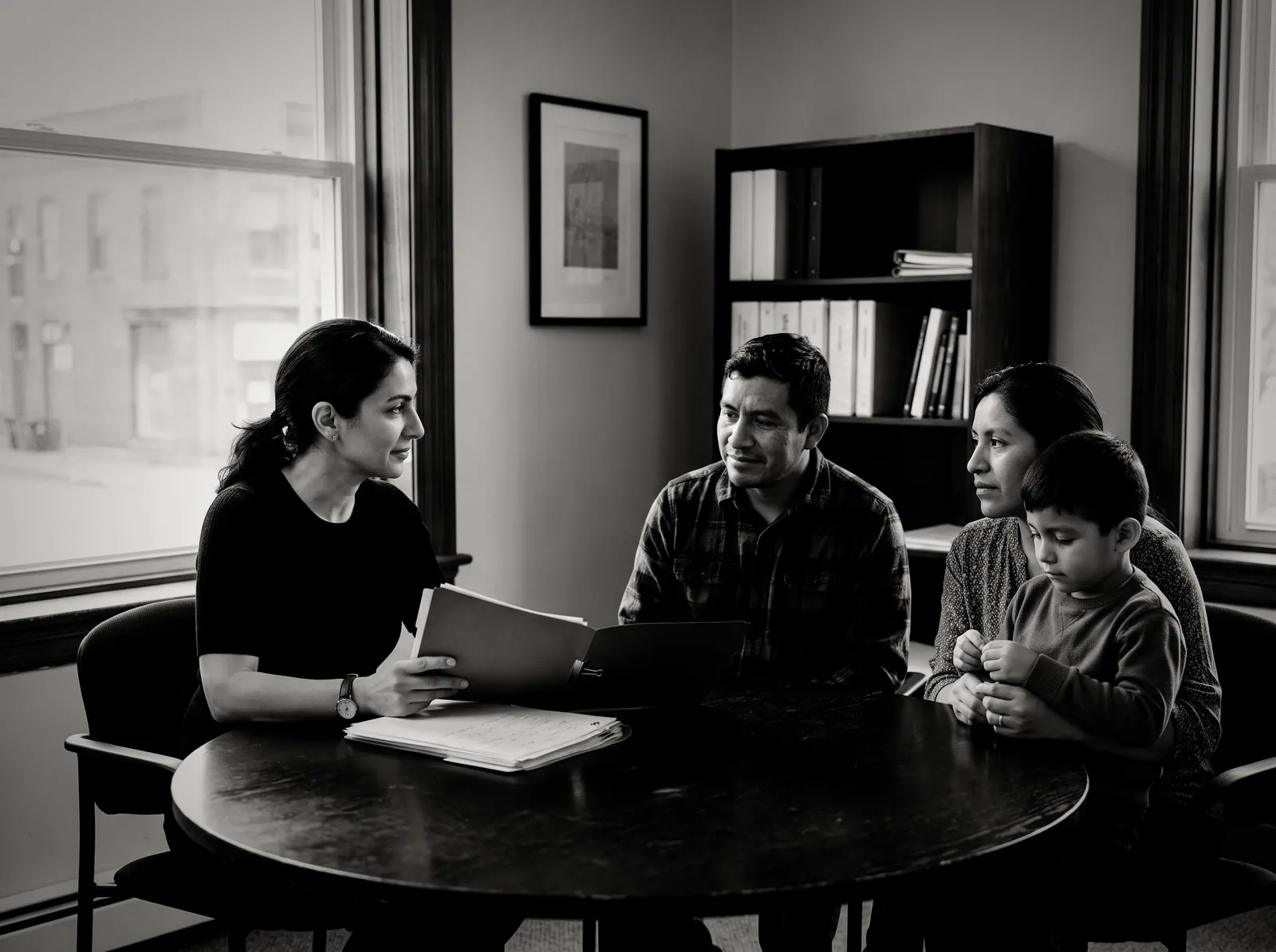 A lawyer explaining a case to a mother, father and young son around a small office table