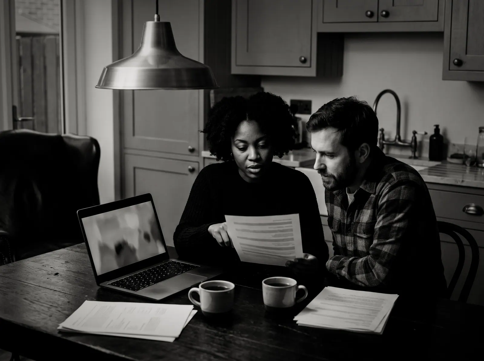 A couple reads through printed papers at a kitchen table, a laptop open beside two mugs