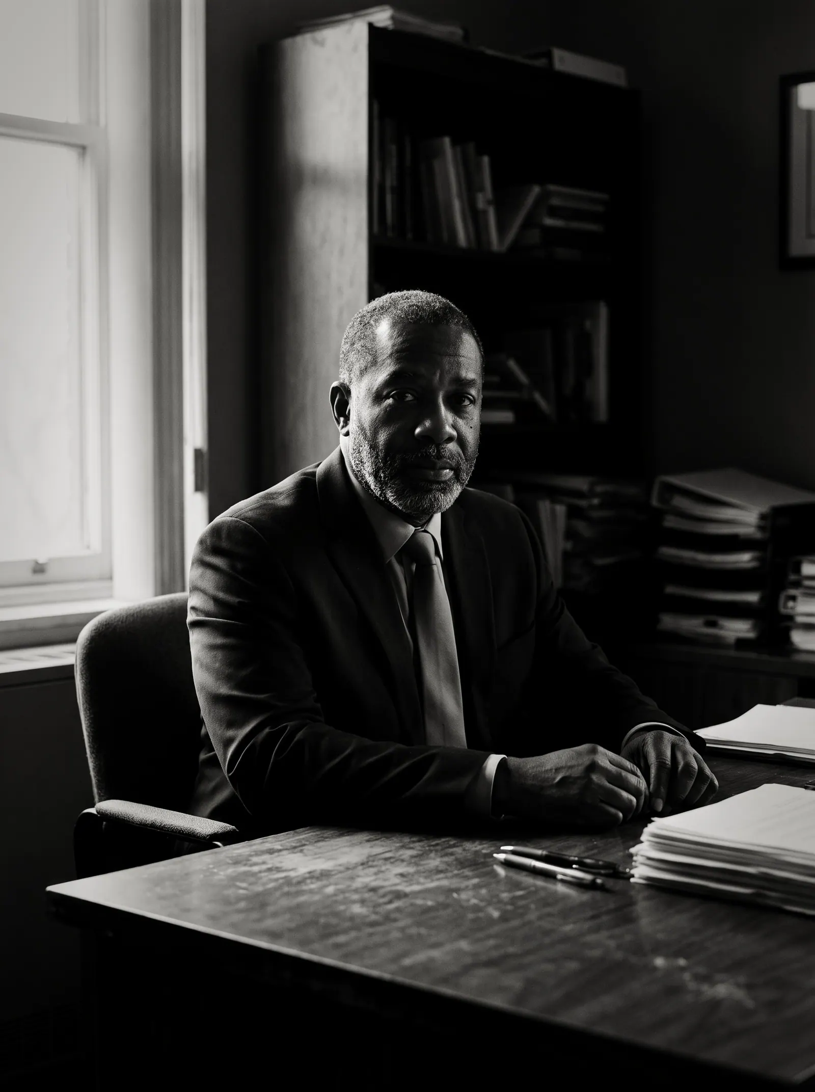 Black and white: a lawyer in his fifties at the desk of his small-firm office, lit from a window