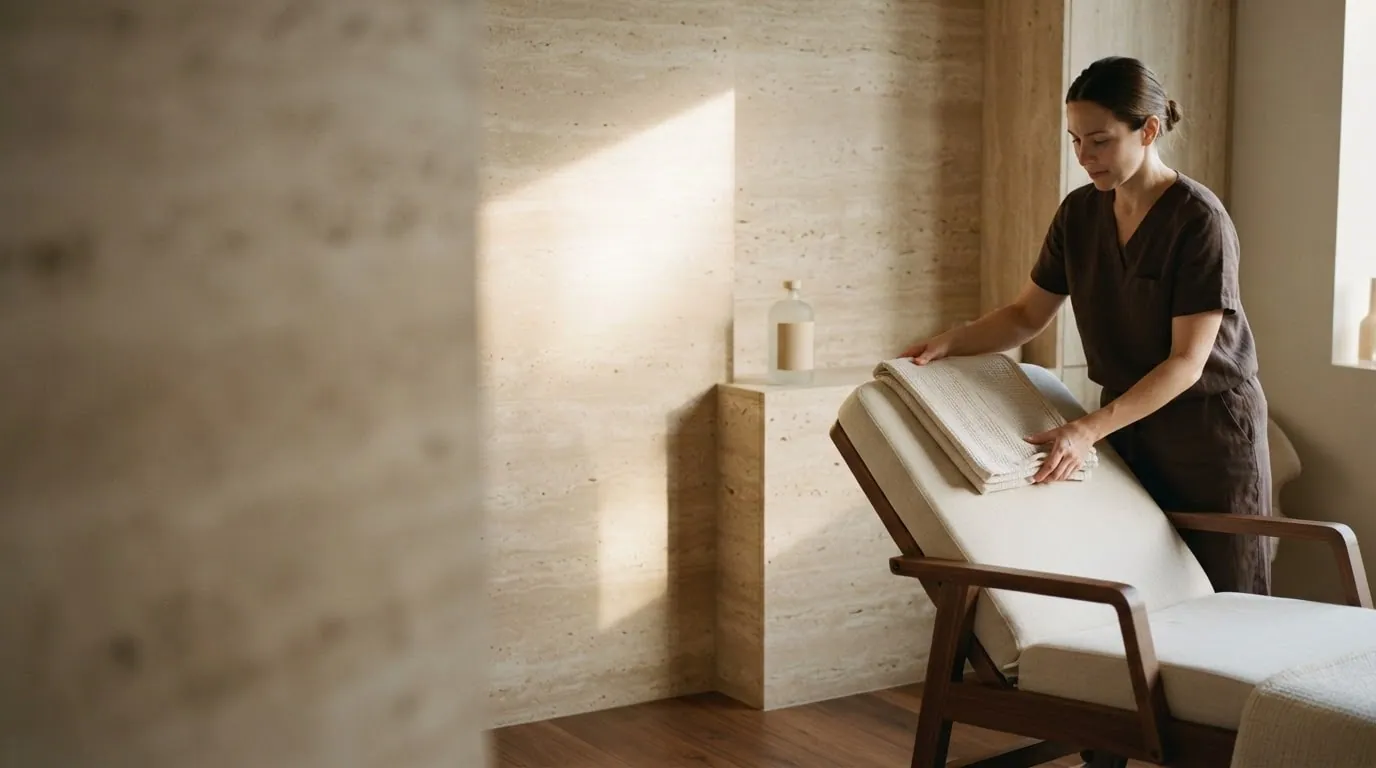 An aesthetic nurse in espresso scrubs folds a linen towel onto a treatment chair in a travertine room lit by a window