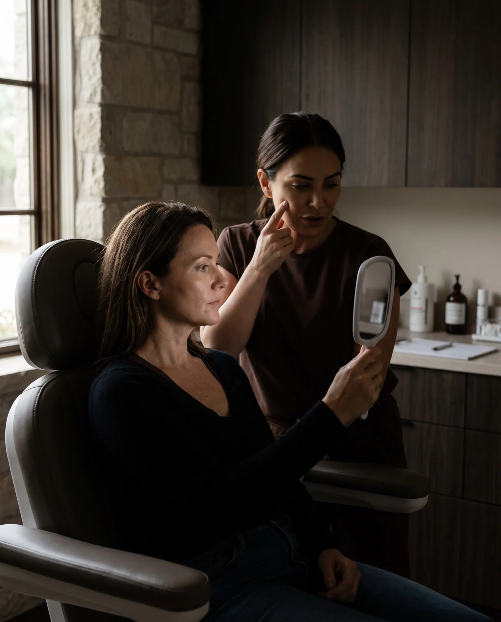 A nurse practitioner talks with a client during a consultation, a hand mirror on the table between them