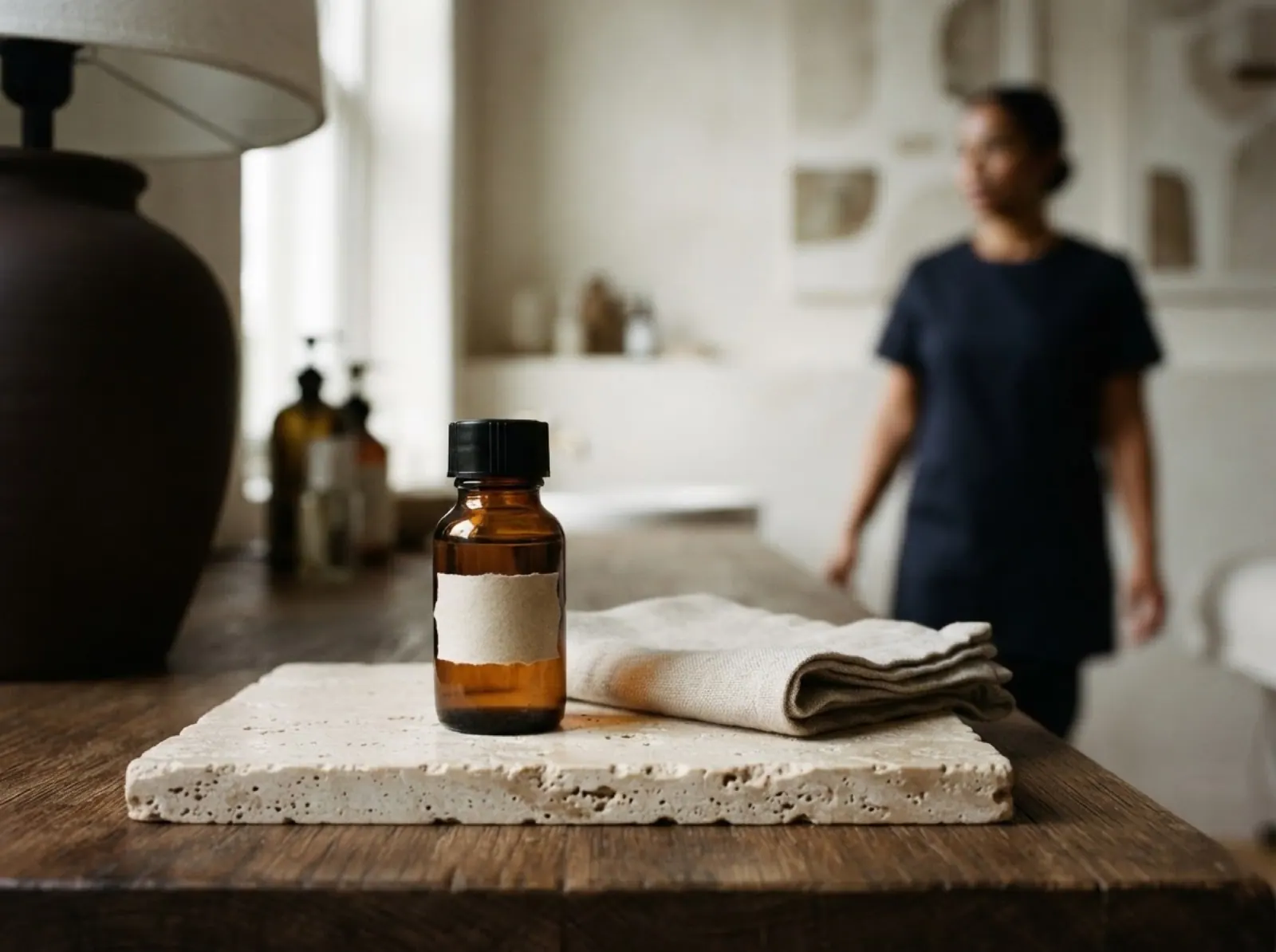 A gloved hand holds a frosted serum bottle with a blank stone-paper label against an espresso-brown background
