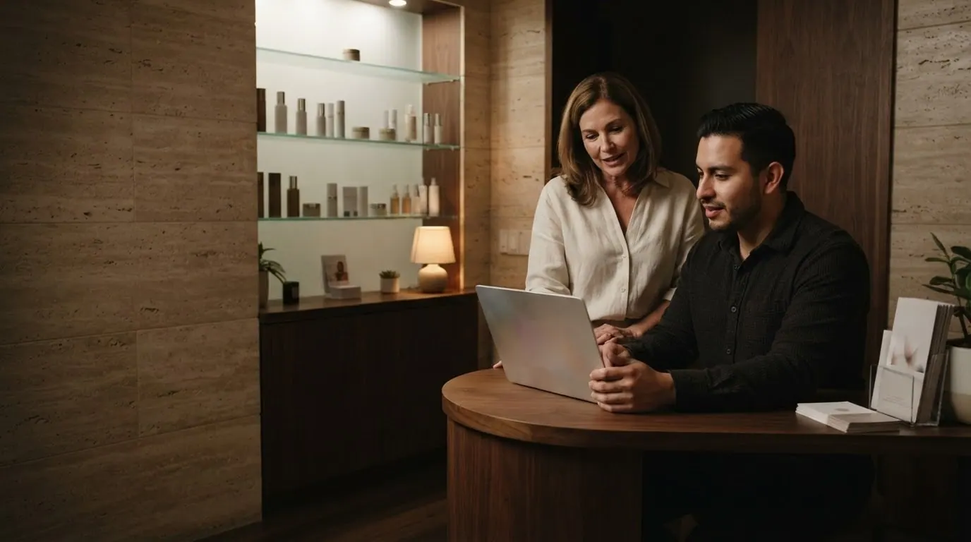 After closing, an agency owner shows a laptop to a med spa owner at a walnut reception desk in warm lamplight