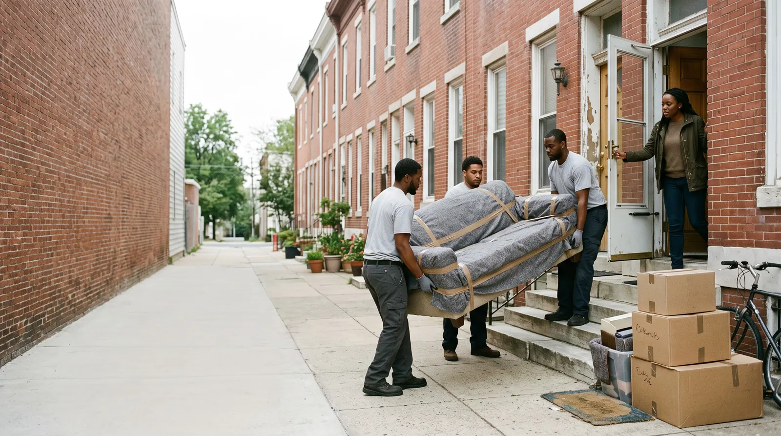 A three-person moving crew carries a sofa wrapped in grey blankets down the front steps of a brick row house while the homeowner holds the door