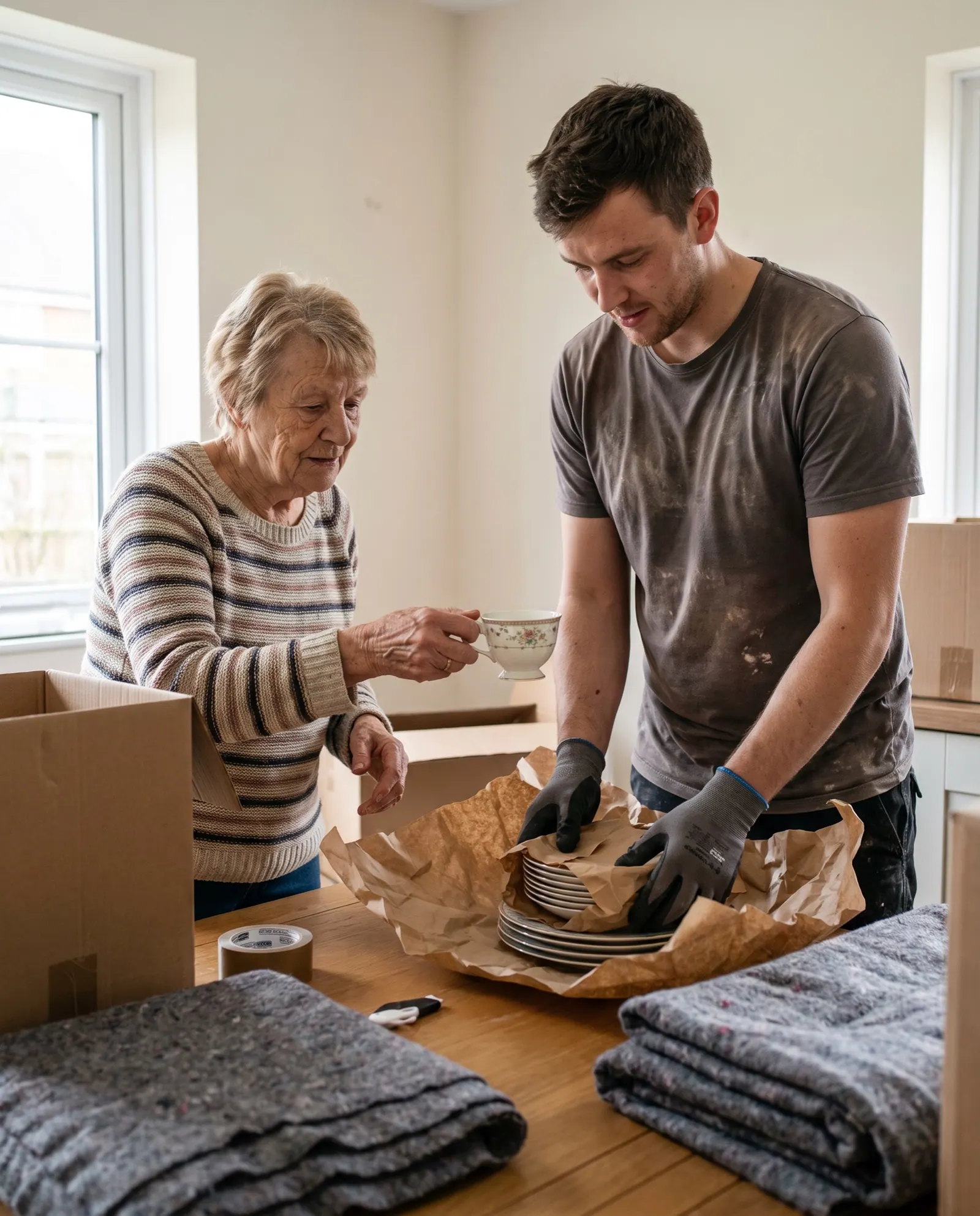 An older woman hands a teacup to a young mover who is wrapping her china at the kitchen table