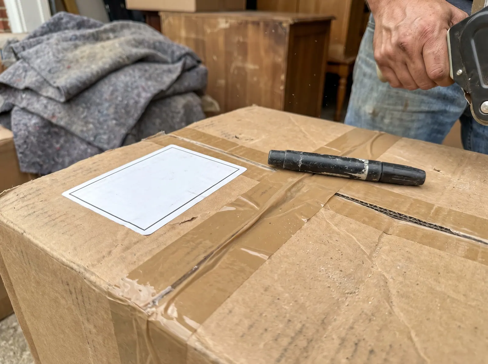 A blank white shipping label and brown packing tape on the side of a kraft moving box, a black marker on top