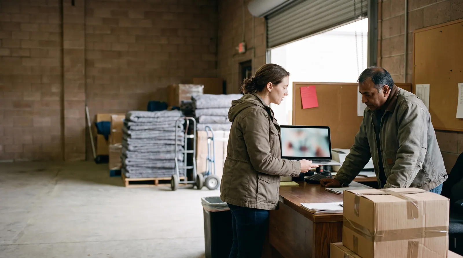 An agency owner shows a laptop to a moving company owner at the dispatch desk of a small warehouse stacked with moving blankets