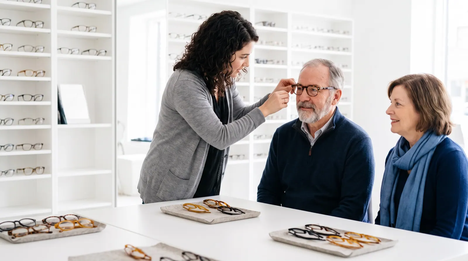An optician adjusts new tortoiseshell glasses on an older man while his wife watches