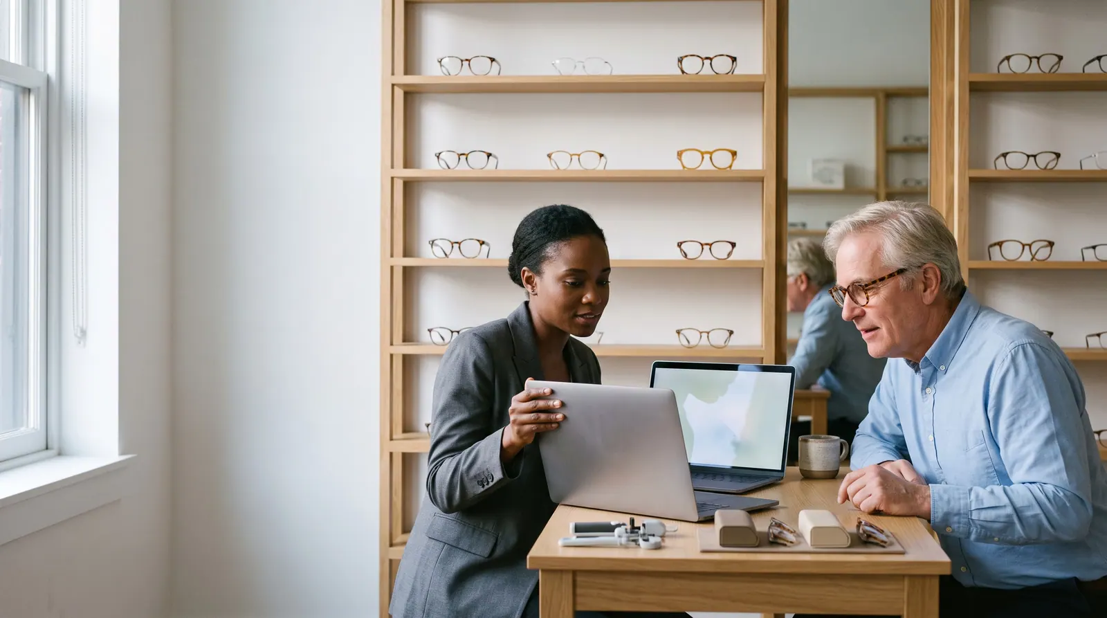 After closing, an agency owner shows a laptop to an optometrist at the dispensing table of an independent optical boutique