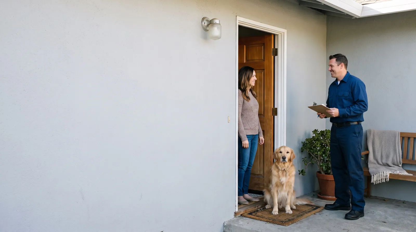 A pest control technician with a clipboard greets a parent at the front door of a family home, the family dog sitting calmly beside them