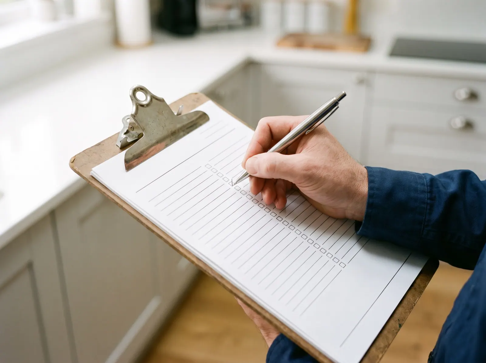 A hand presses a round rubber stamp onto a blank ruled inspection form on a clipboard