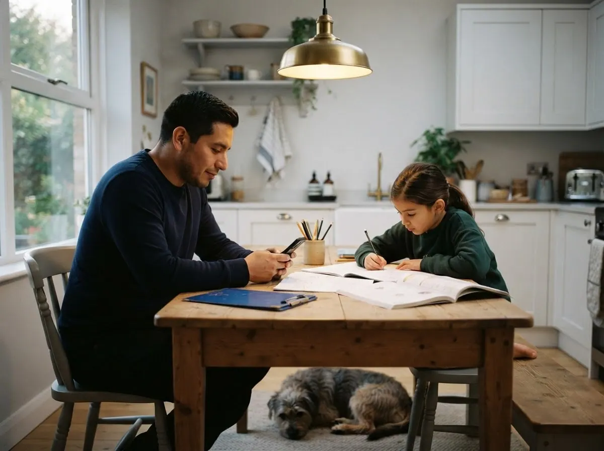 A father scrolls his phone at a kitchen table in the evening while his daughter does homework and the family dog rests underneath