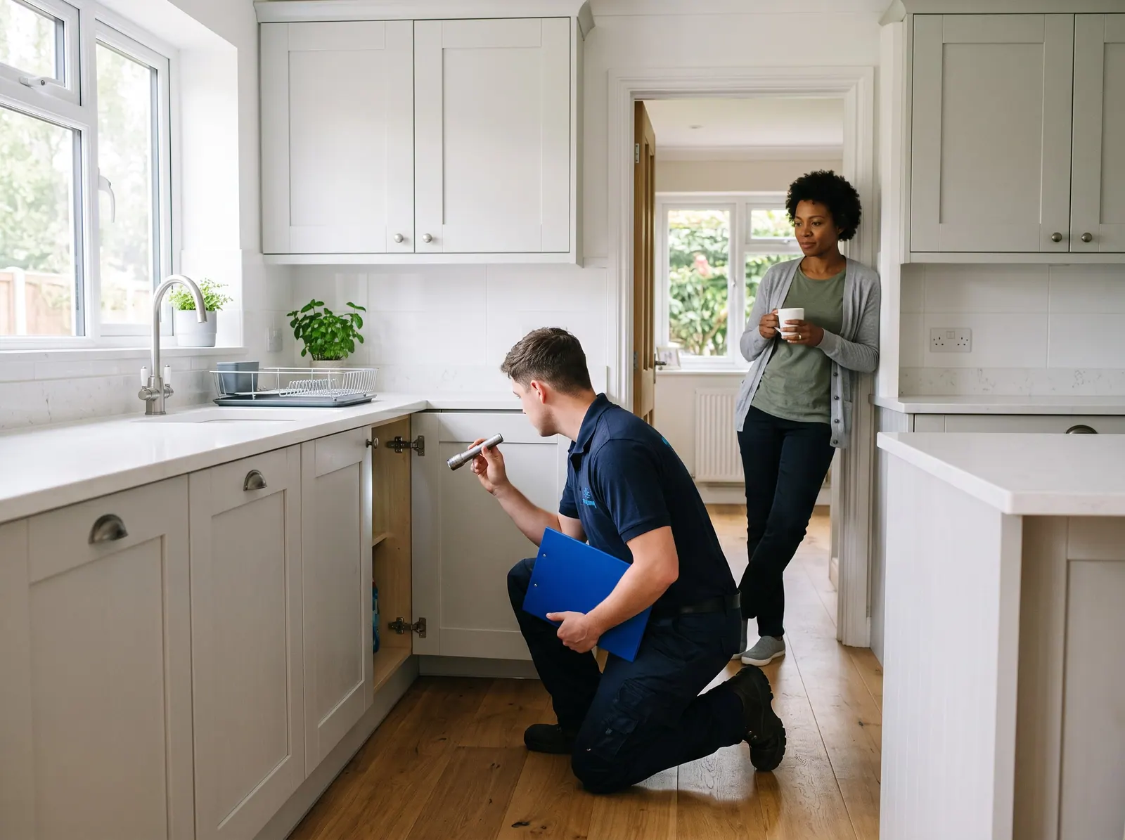 A technician kneels by a clean kitchen baseboard with a flashlight while the homeowner watches from the doorway