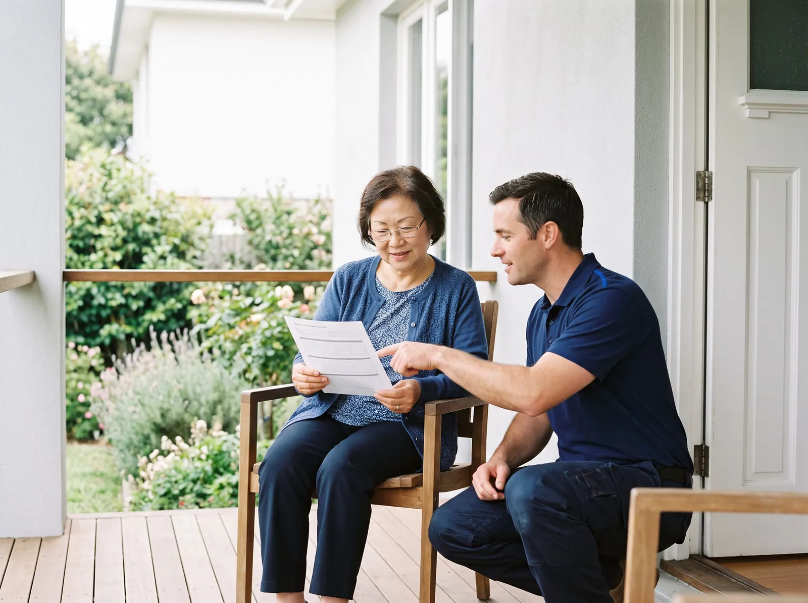 An older woman on a sunlit porch reads a printed inspection report while a technician points to a line on it