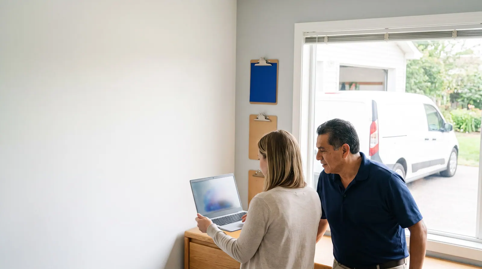 An agency owner shows a laptop to the owner of a small pest control company at a desk in a tidy office beside the service van bay