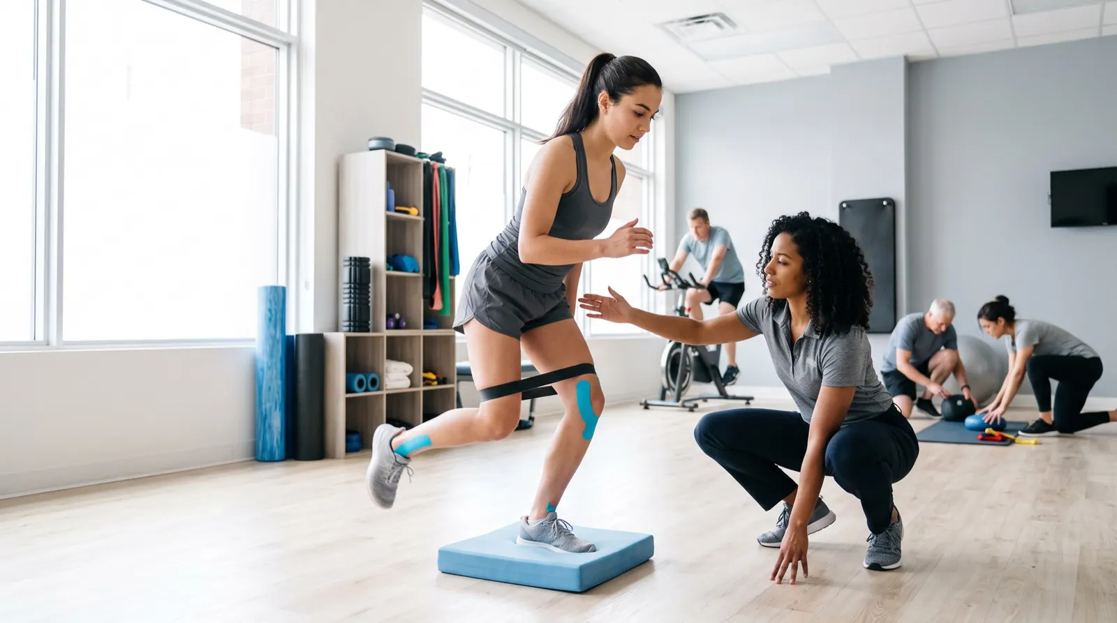 A young runner balances on one leg on a foam pad while her therapist crouches beside her, spotting