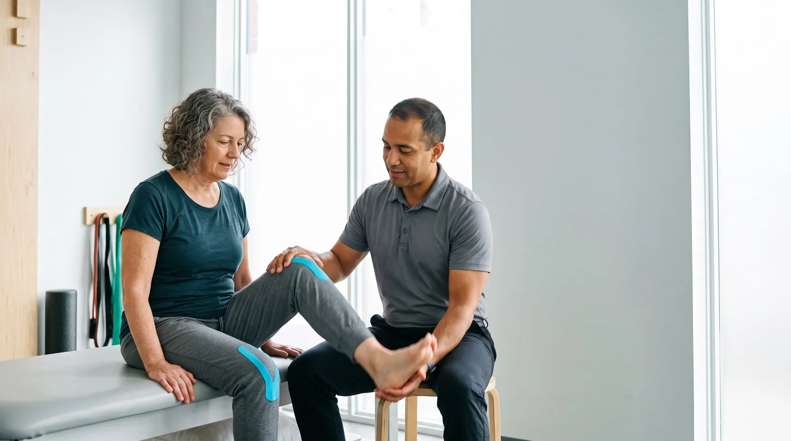 A physical therapist guides a woman through a slow knee bend on a treatment table in a bright clinic