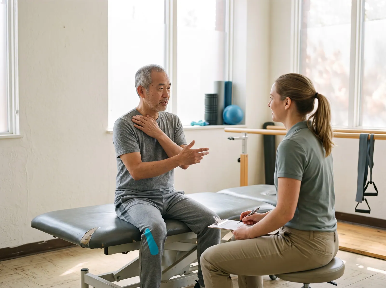 An older man on a treatment table describes his shoulder to a therapist holding a clipboard