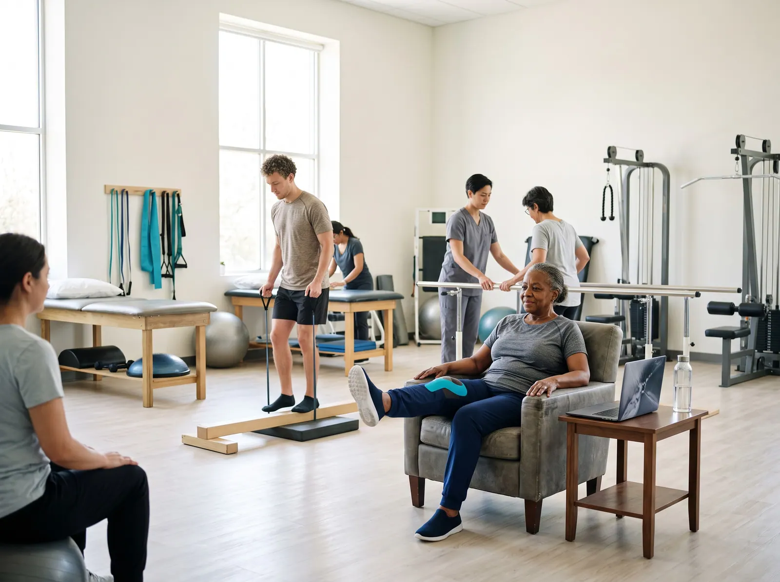 An older woman does a seated exercise with a resistance band in her sunny living room, a laptop open beside her