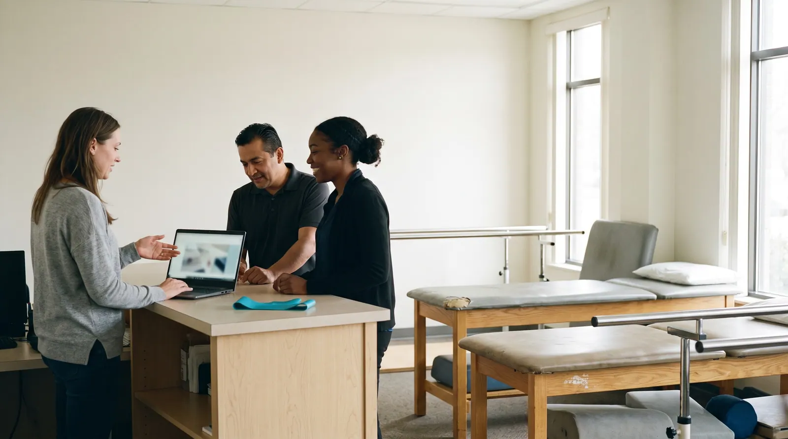 A web agency owner shows a laptop to a physical therapist and a front-desk coordinator at a clinic counter