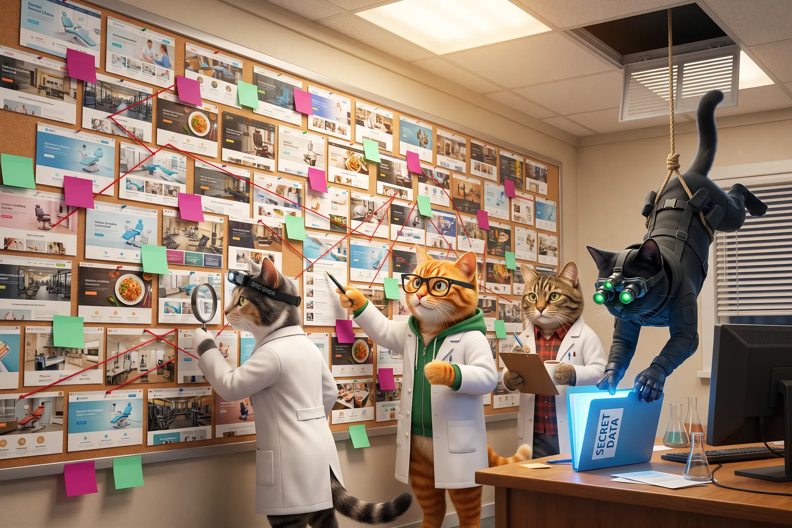 Three illustrated cats in white lab coats study a wall covered in hundreds of website screenshots, sticky notes and red string, while a black cat in a stealth suit and night-vision goggles drops from a ceiling vent on a rope to grab a glowing folder of secret data