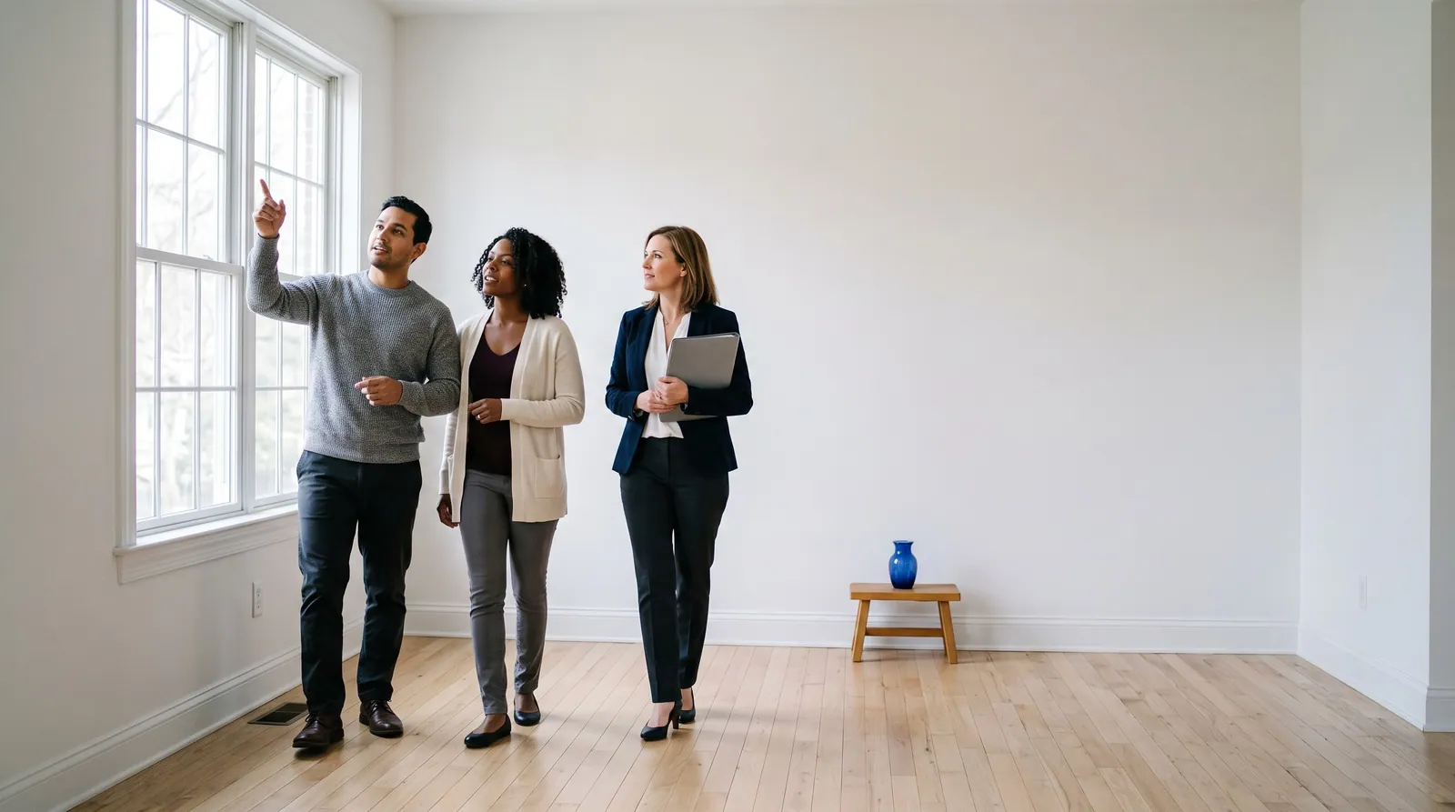 A couple walks through a bright, empty living room at a showing while their agent stays a step behind
