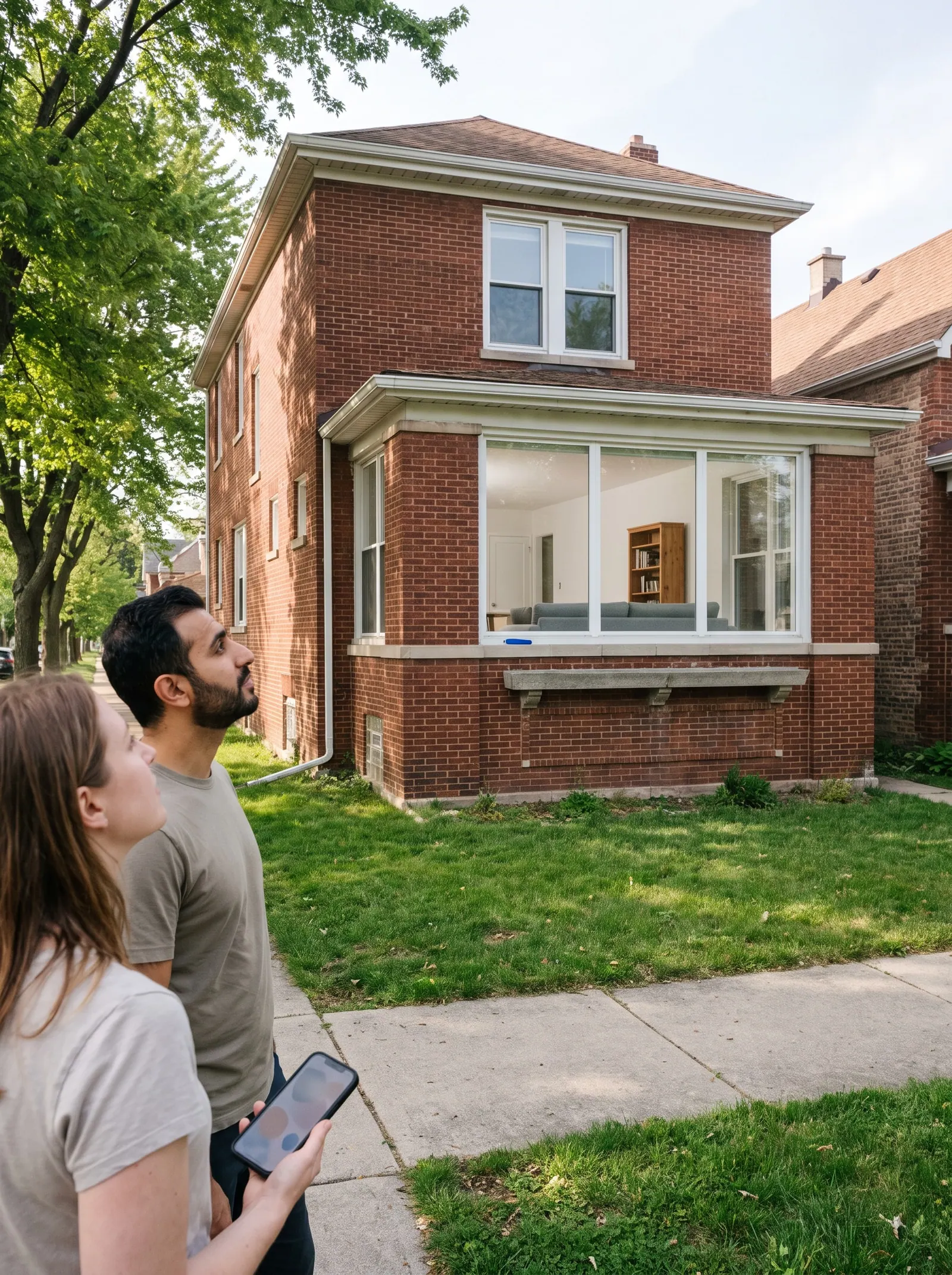 A couple on the sidewalk looks up at a brick house while one of them checks a phone