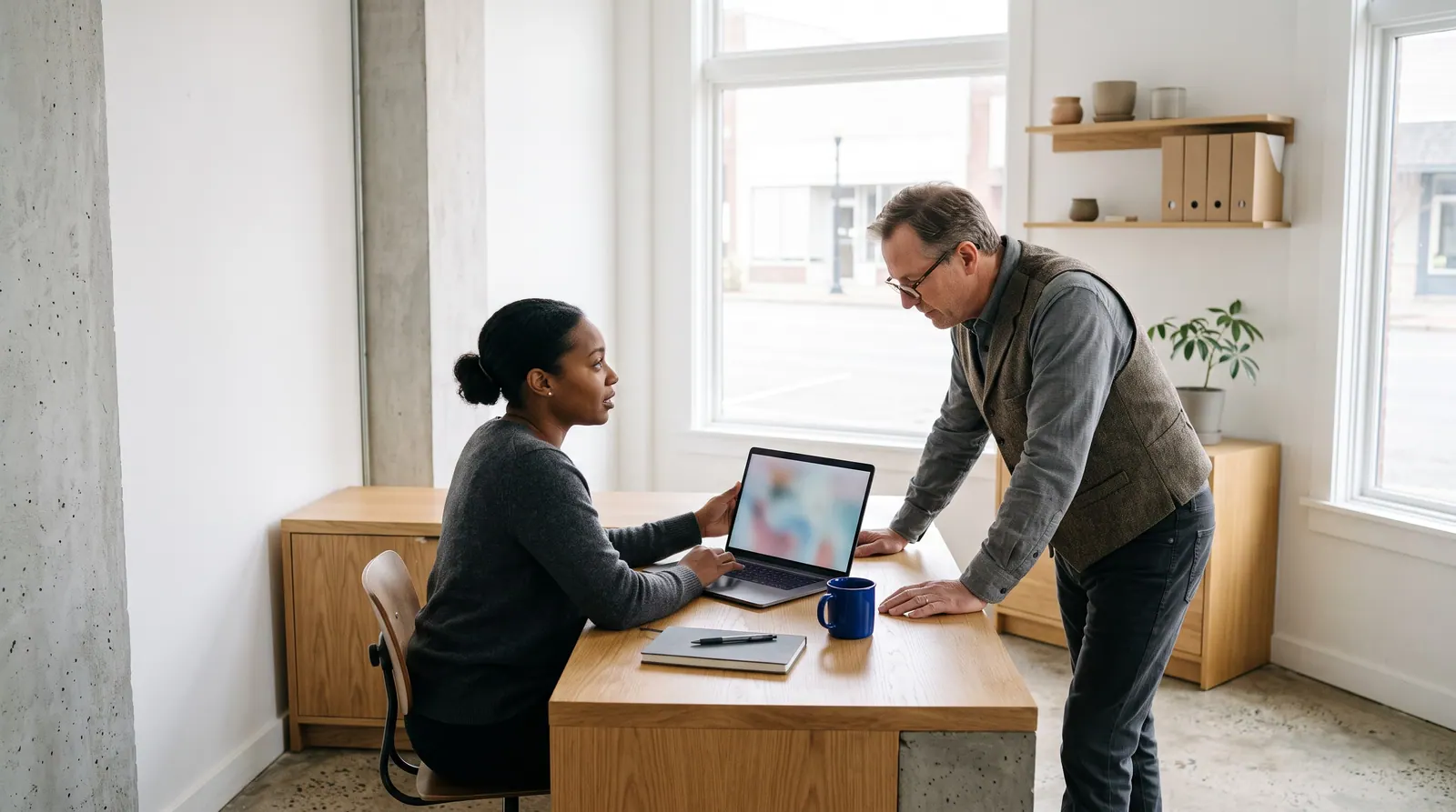 An agency owner shows a laptop to a broker-owner at the front desk of a small independent brokerage