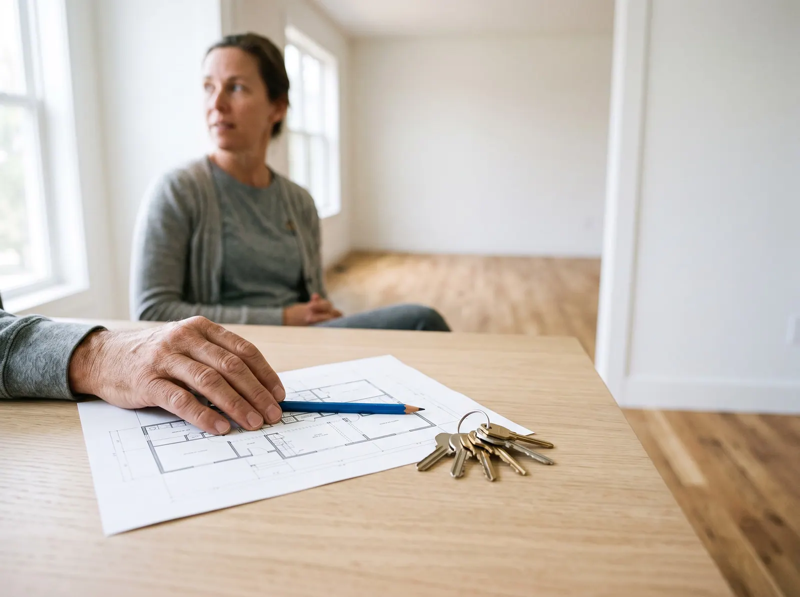 A hand rests a cobalt pencil on a printed floor plan on a pale oak table