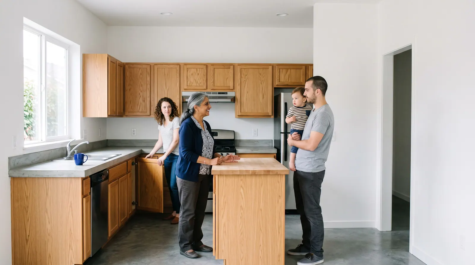 An agent talks with a family in a white kitchen during a private showing