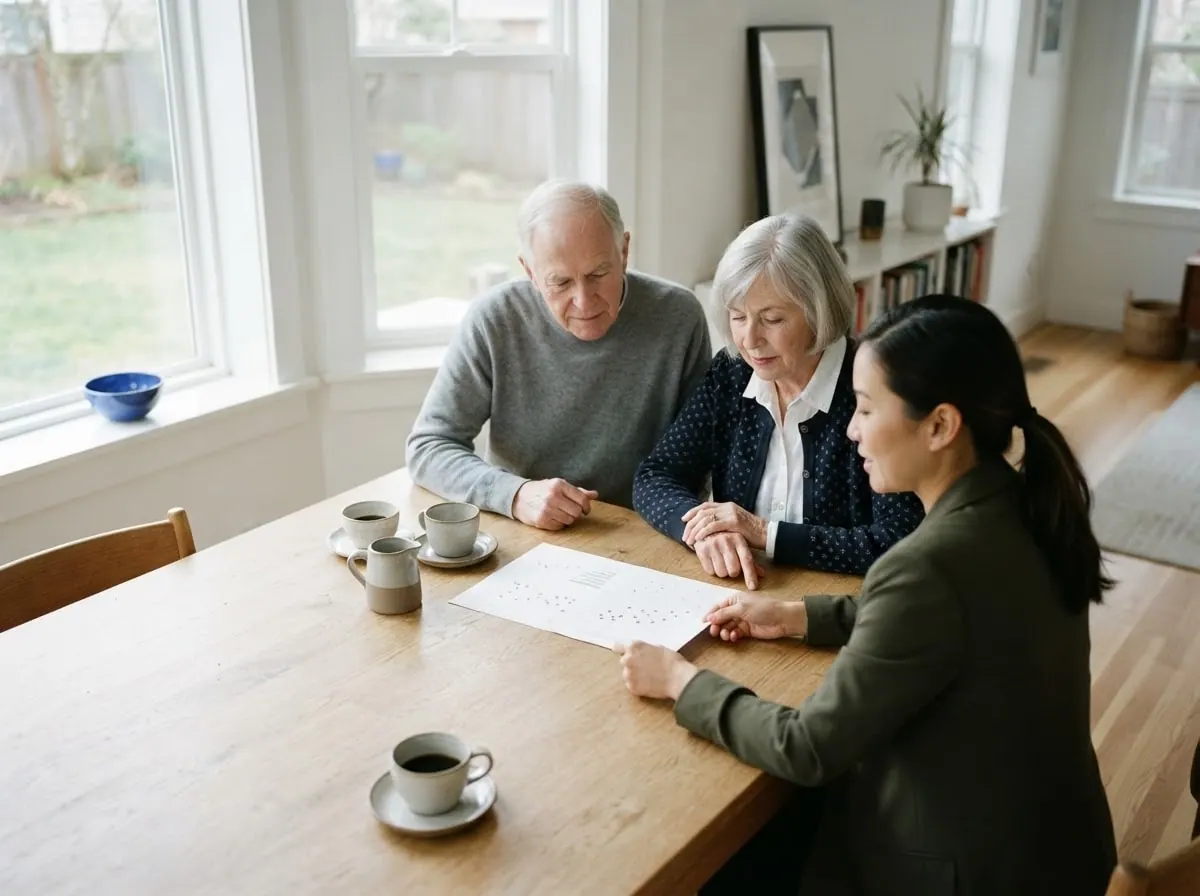 An older couple at their dining table look over a printout of nearby home sales with their agent