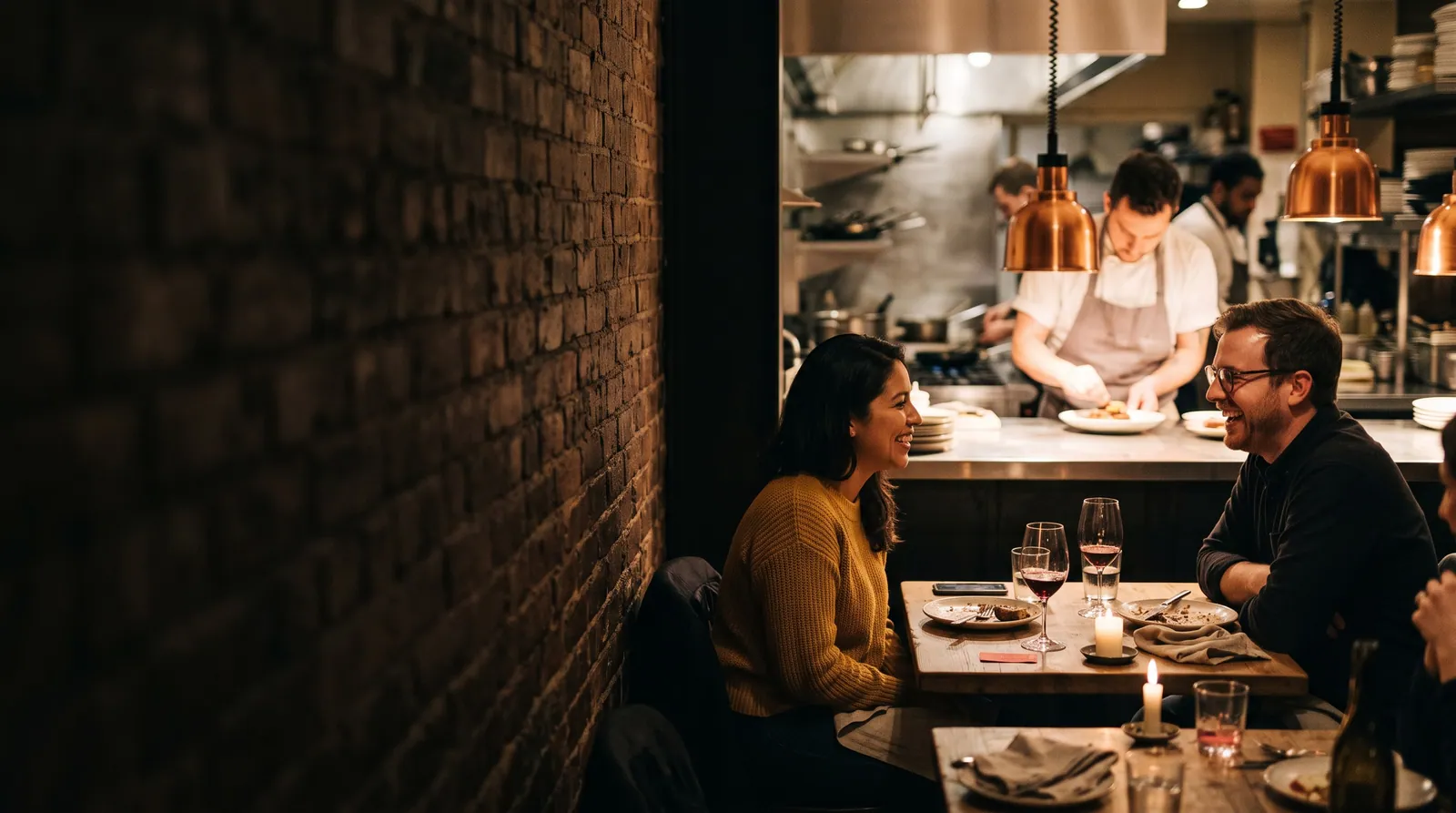 Two friends talk over candlelight in a small bistro while a cook plates food at the lit kitchen pass behind them