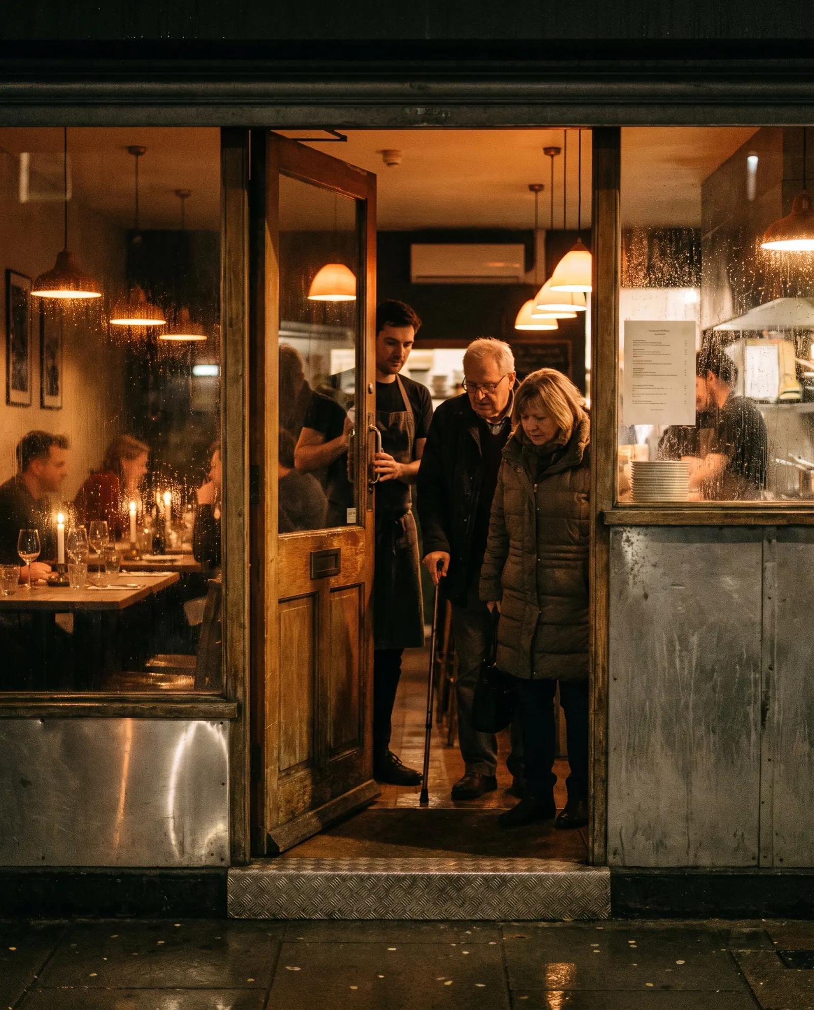 A staff member holds the door as an older man with a cane and his daughter step into a candlelit restaurant