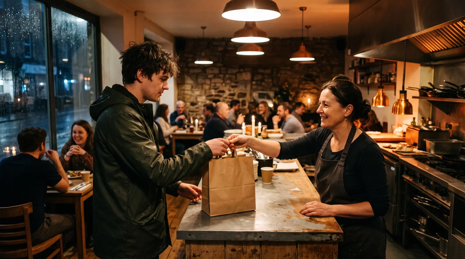 A cook hands a paper takeaway bag across a zinc counter to a customer in a rain jacket