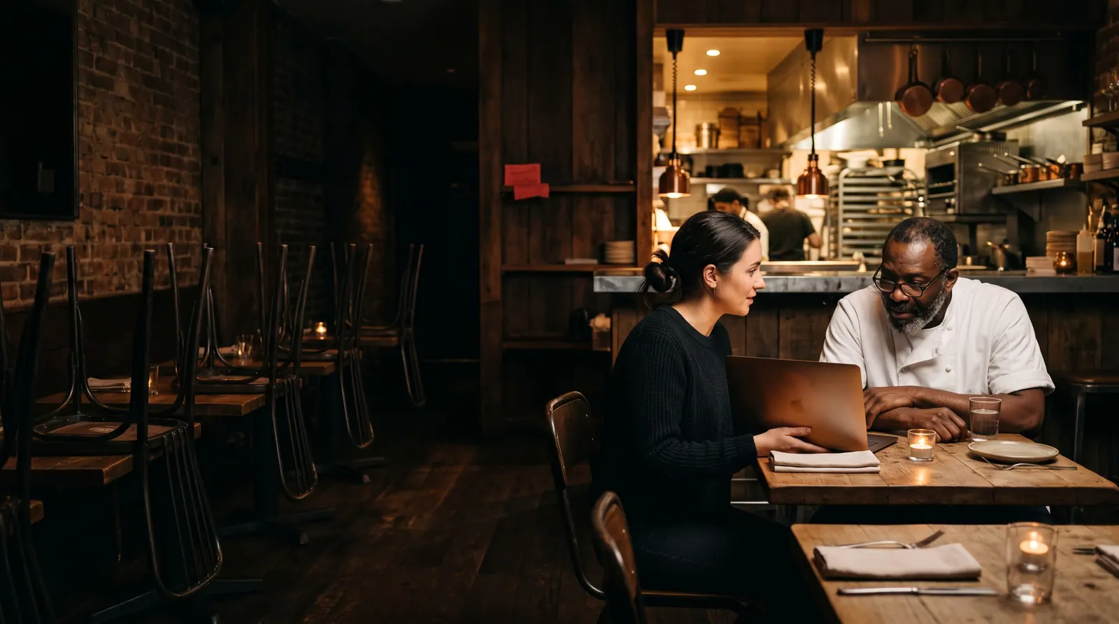 After service, an agency owner shows a laptop to a chef-owner at a candlelit table in an empty dining room