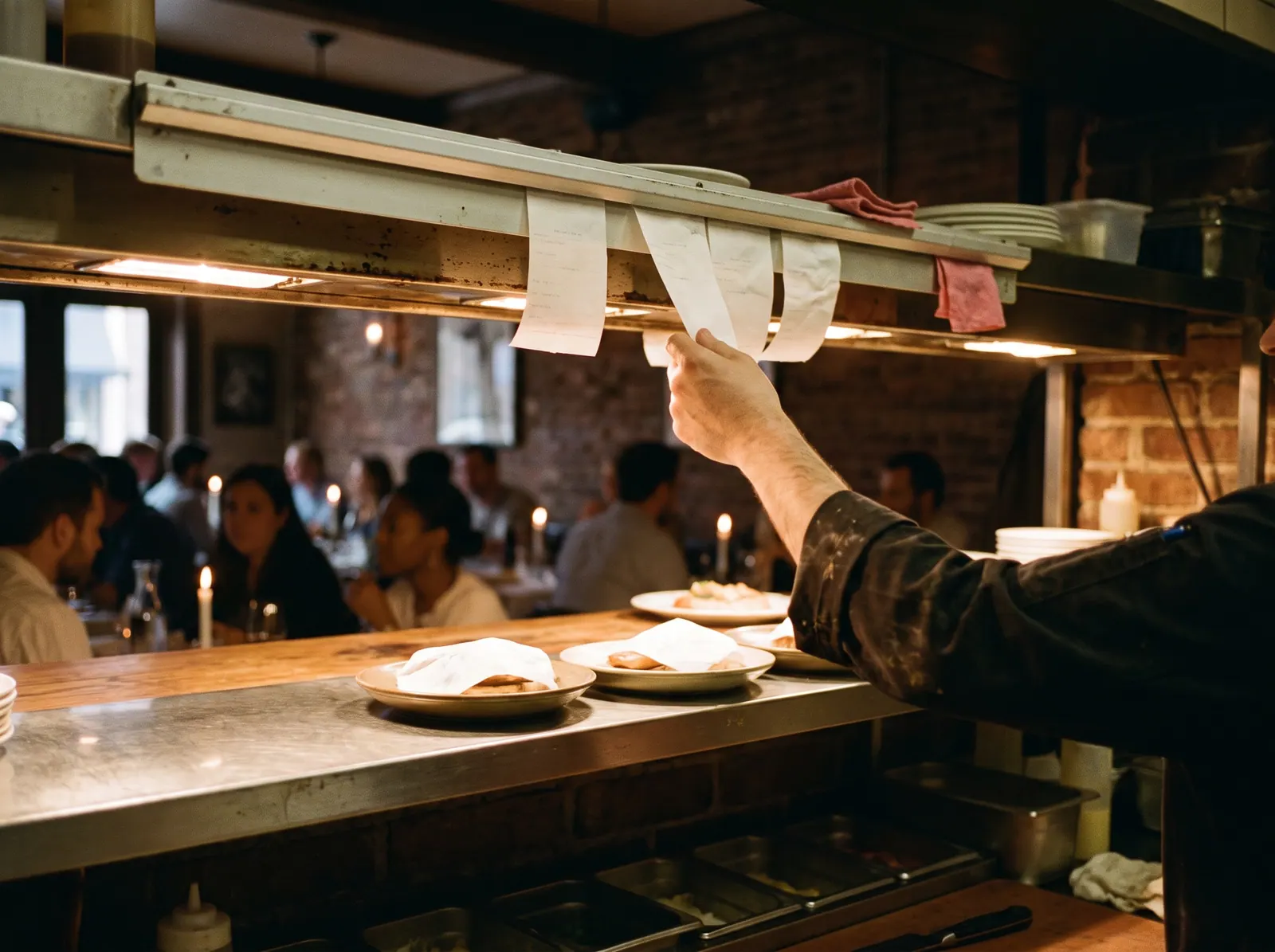 Blank order tickets clipped on a steel rail above a kitchen pass, a cook reaching for a plate under the heat lamps