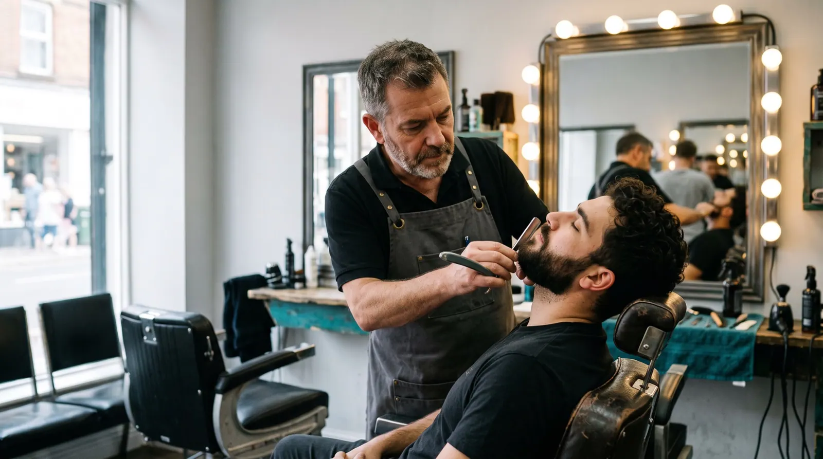 A barber carefully lines up a younger client's beard with a straight razor while the client rests with eyes closed