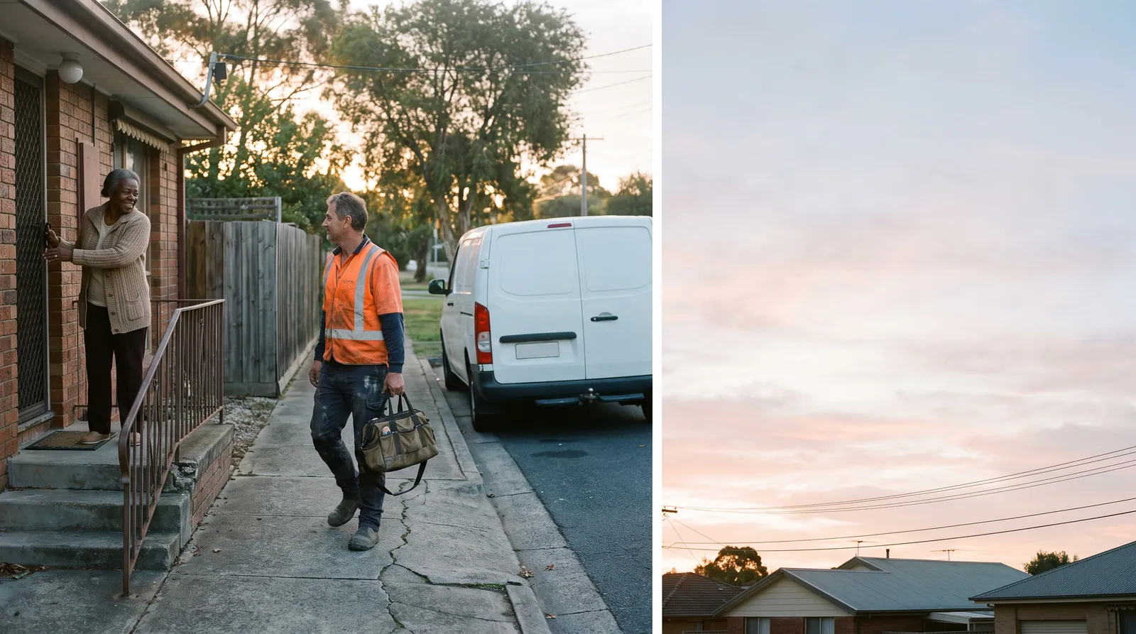 At dawn a plumber in a hi-vis vest walks up the front path with a tool bag as the homeowner opens the door, a van at the kerb