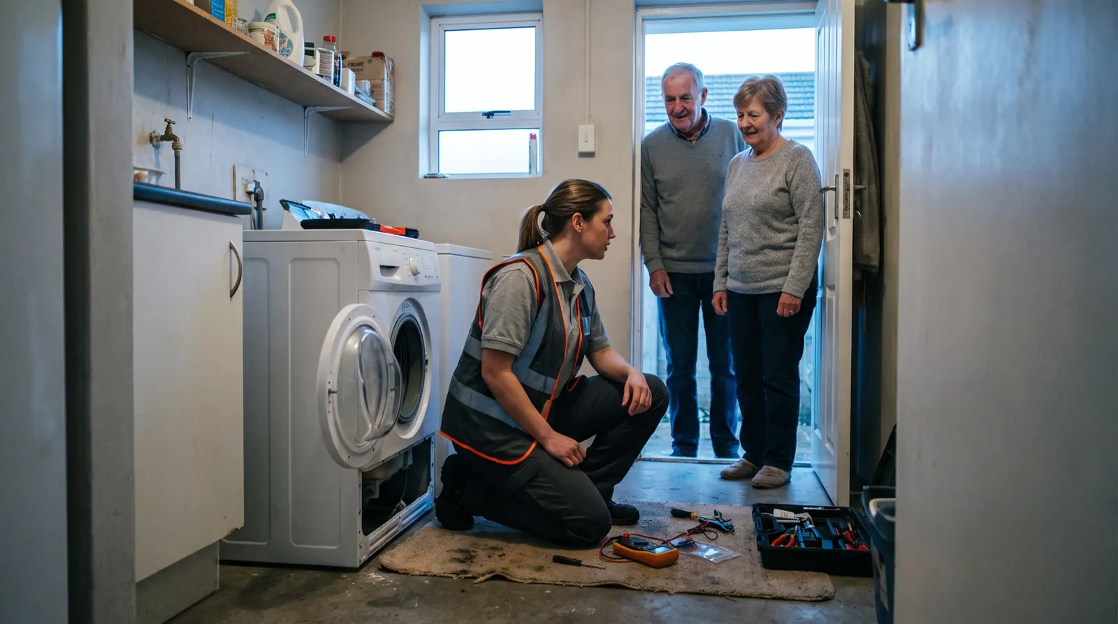 An appliance repair technician kneels at an open washing machine with a meter while an older couple watch from the doorway