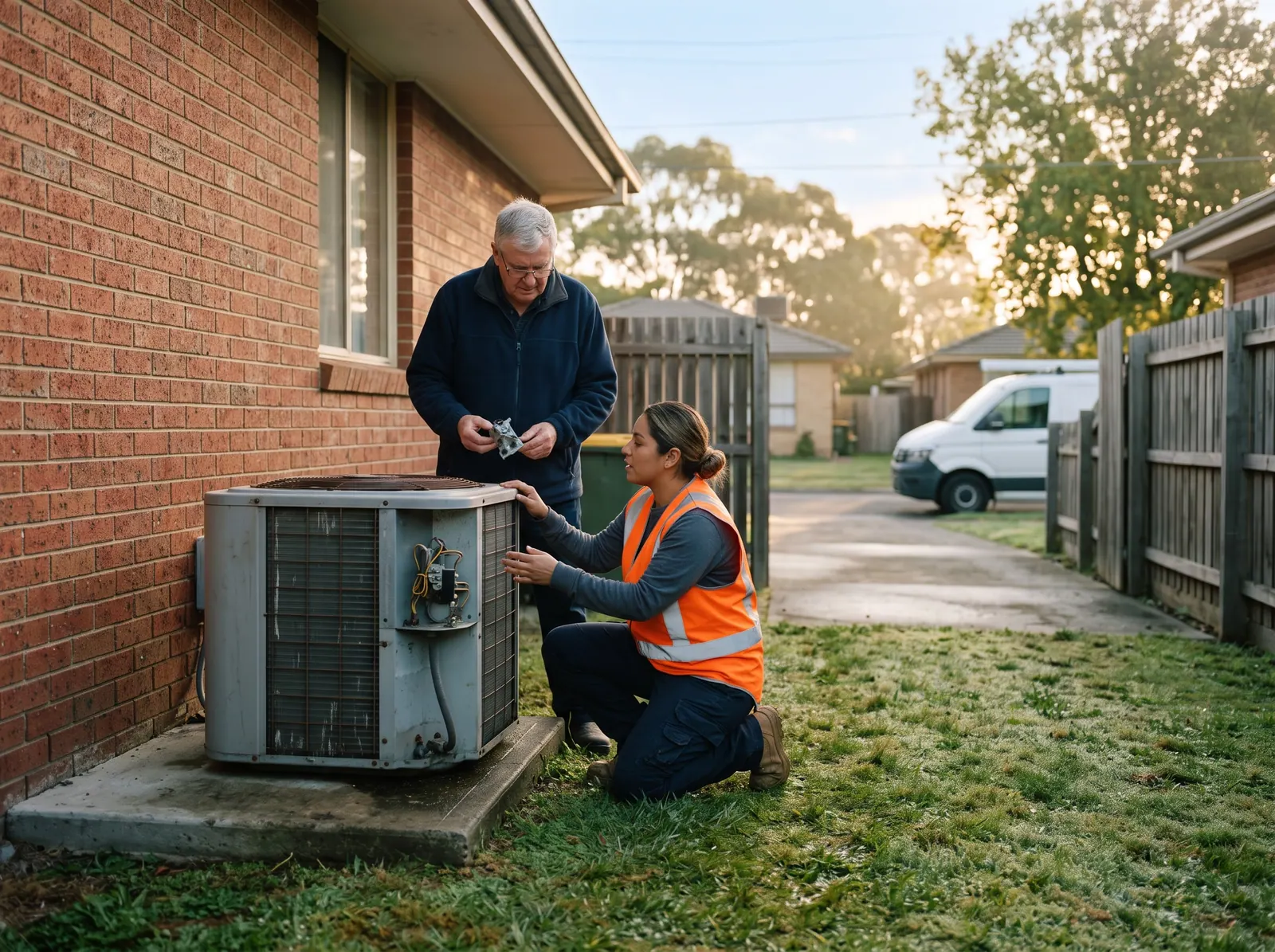 Behind a house at dawn, a heating and cooling technician kneels at an outdoor condenser unit while the homeowner holds up a worn part