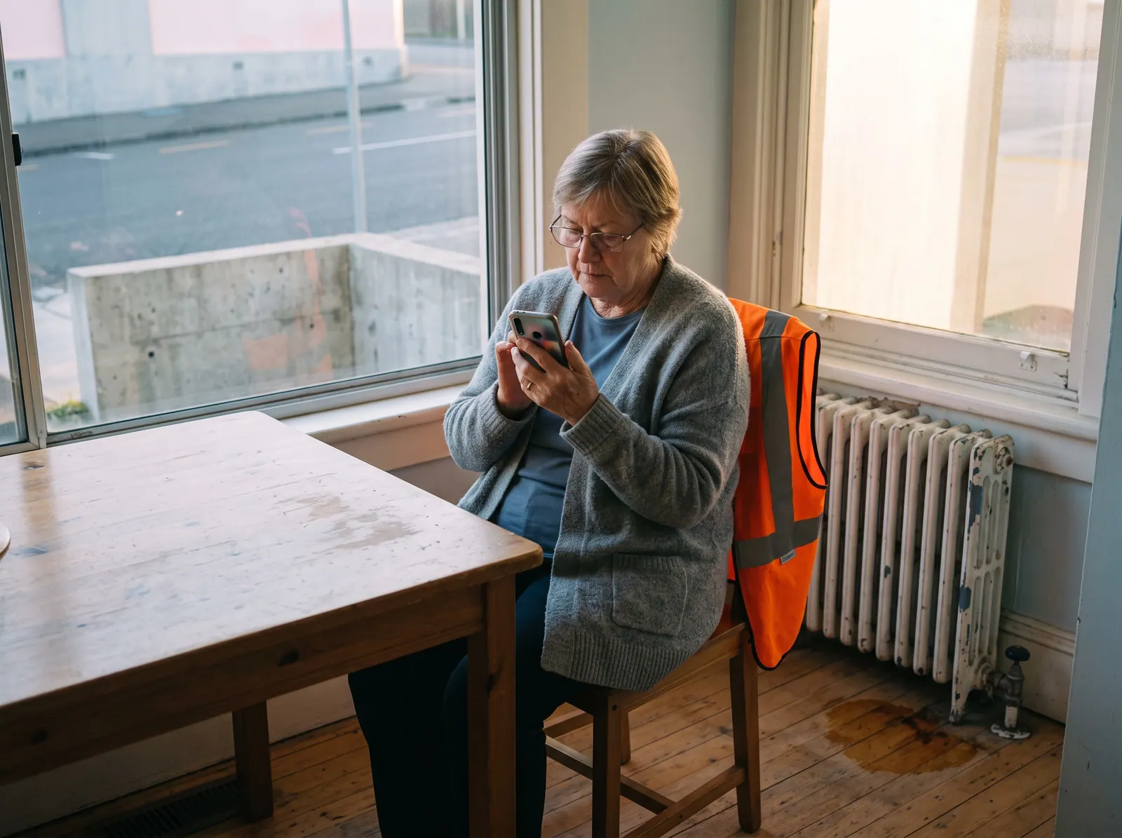 An older woman at her kitchen table holds her phone close to read it, a damp patch on the floor behind her