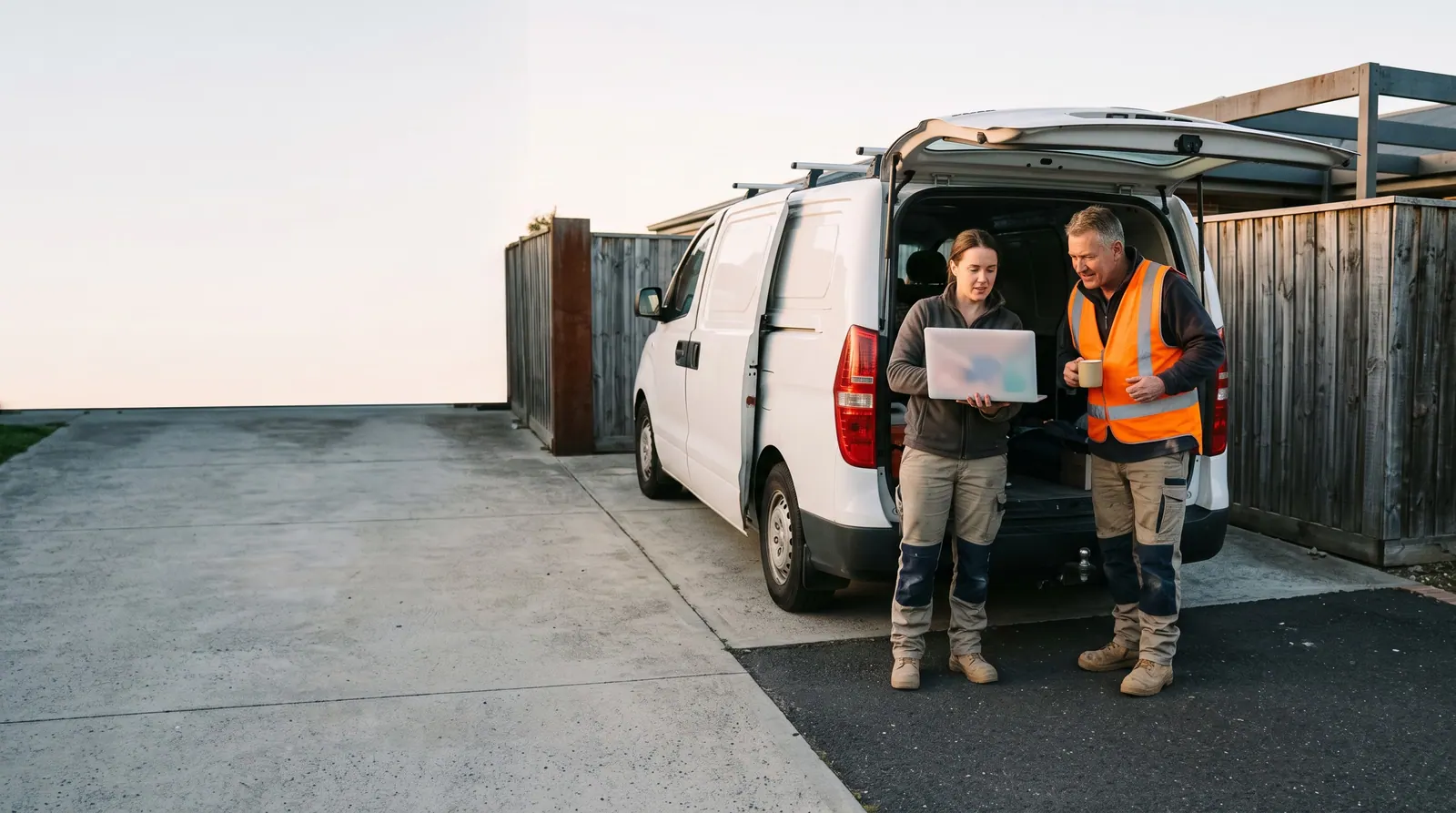 By an open work van at first light, a web agency owner shows a laptop to a contractor holding a coffee