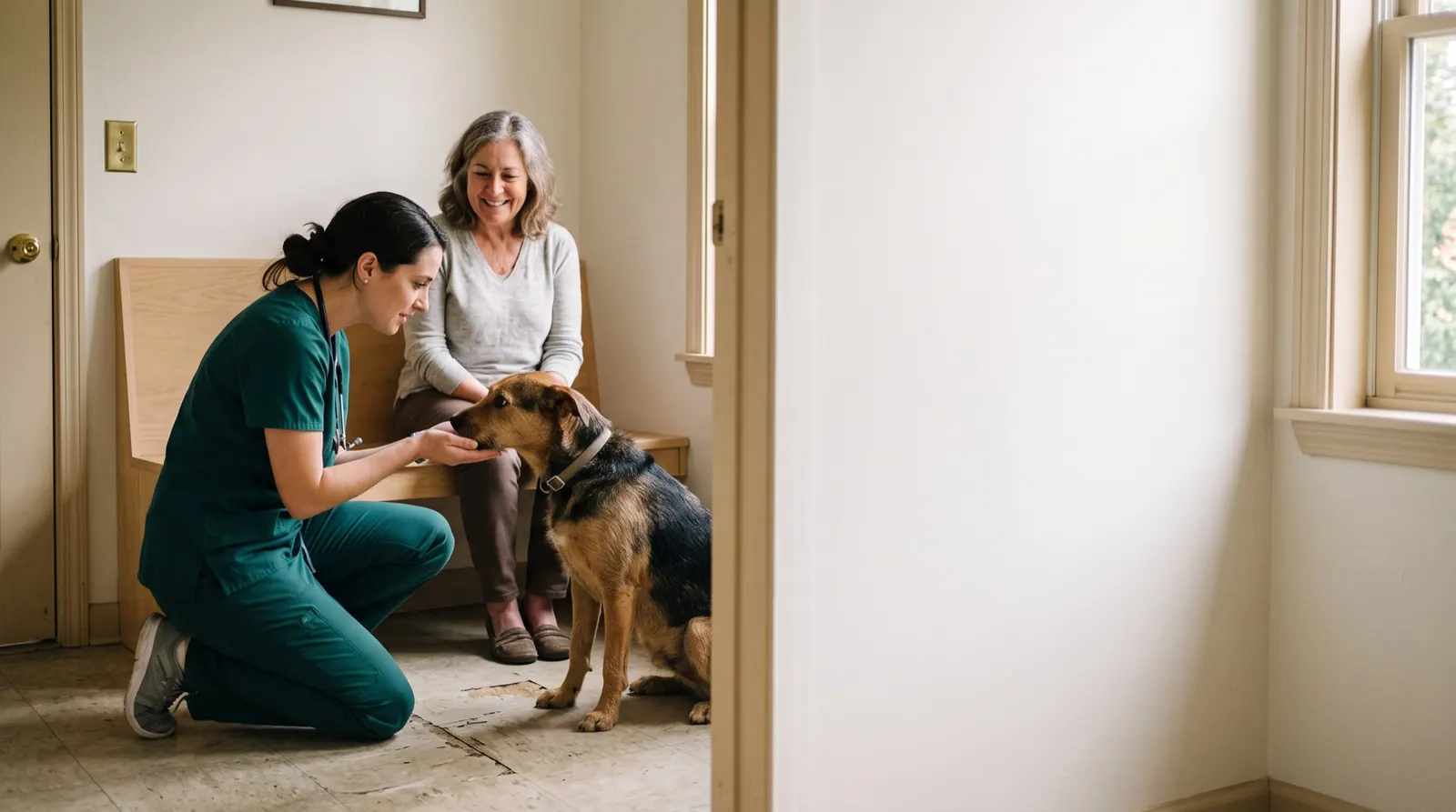 A veterinarian in green scrubs kneels to greet a dog while its owner smiles from a bench