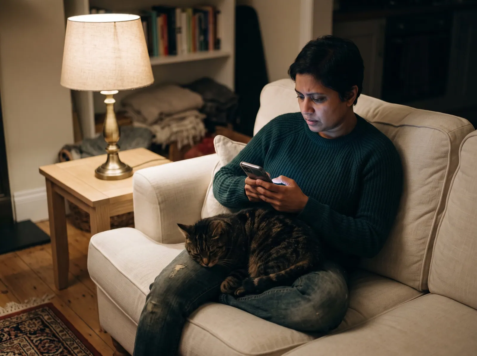 A woman on a sofa at night reads her phone with a worried look while a tabby cat sleeps on her lap